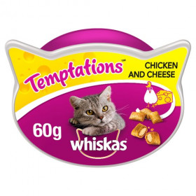Whiskas Temptations - вкусно лакомство с пилешко месо и сирене 60 грама.
